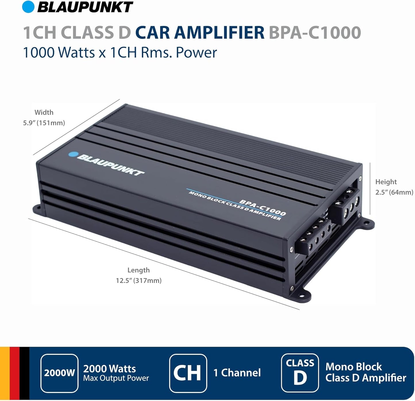 Blaupunkt BPA-C1000 2000W Class D Monoblock Amplifier